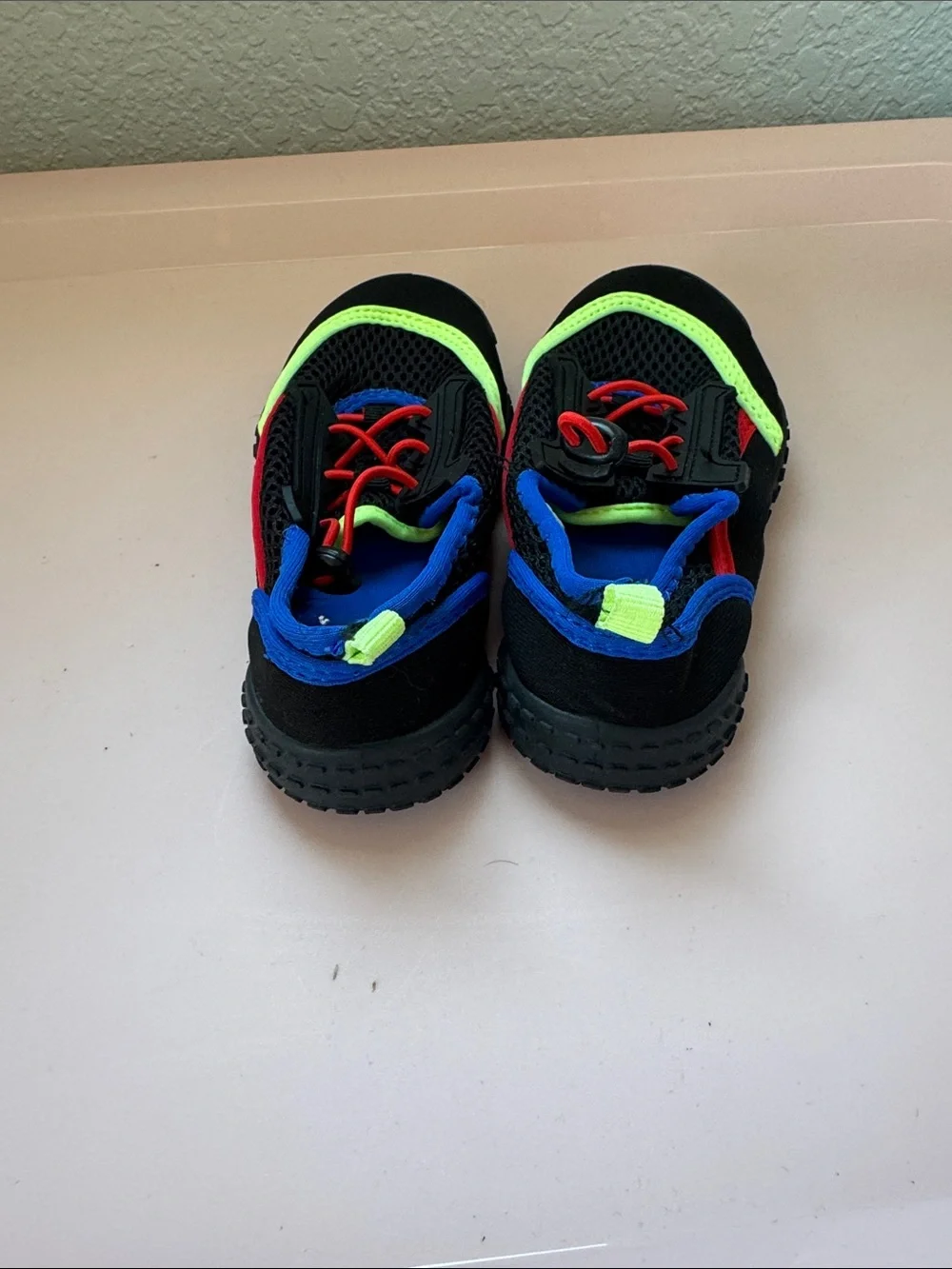 wonder nation Black Water Shoes with Neon Green, Royal Blue & Red Details
